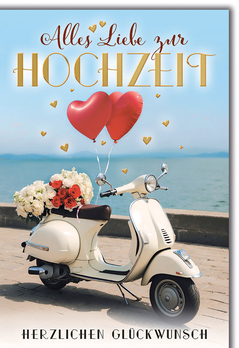 Hochzeitskarte mit romantischem Vespa-Motiv, roten Herzballons und Blumen, ideal für Brautpaare