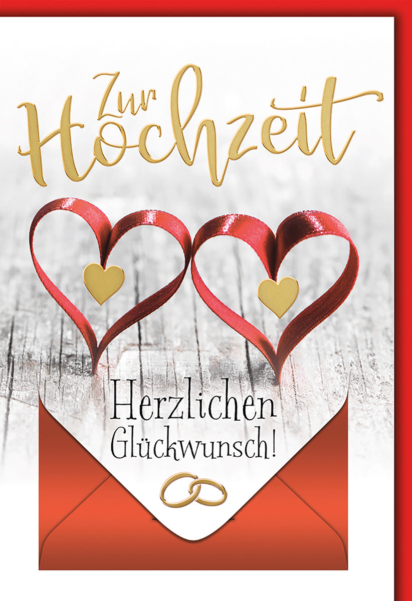 Hochzeitskarte mit romantischen Herz-Motiven, goldener Schrift und rotem Akzent für stilvolle Glückwünsche