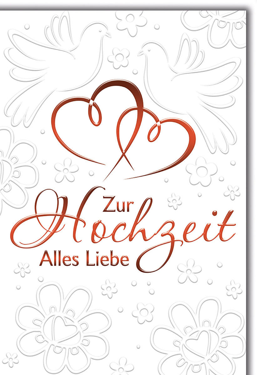 Hochzeitskarte mit Taubenmotiv – Elegante Prägung in Weiß und Rot für romantische Glückwünsche