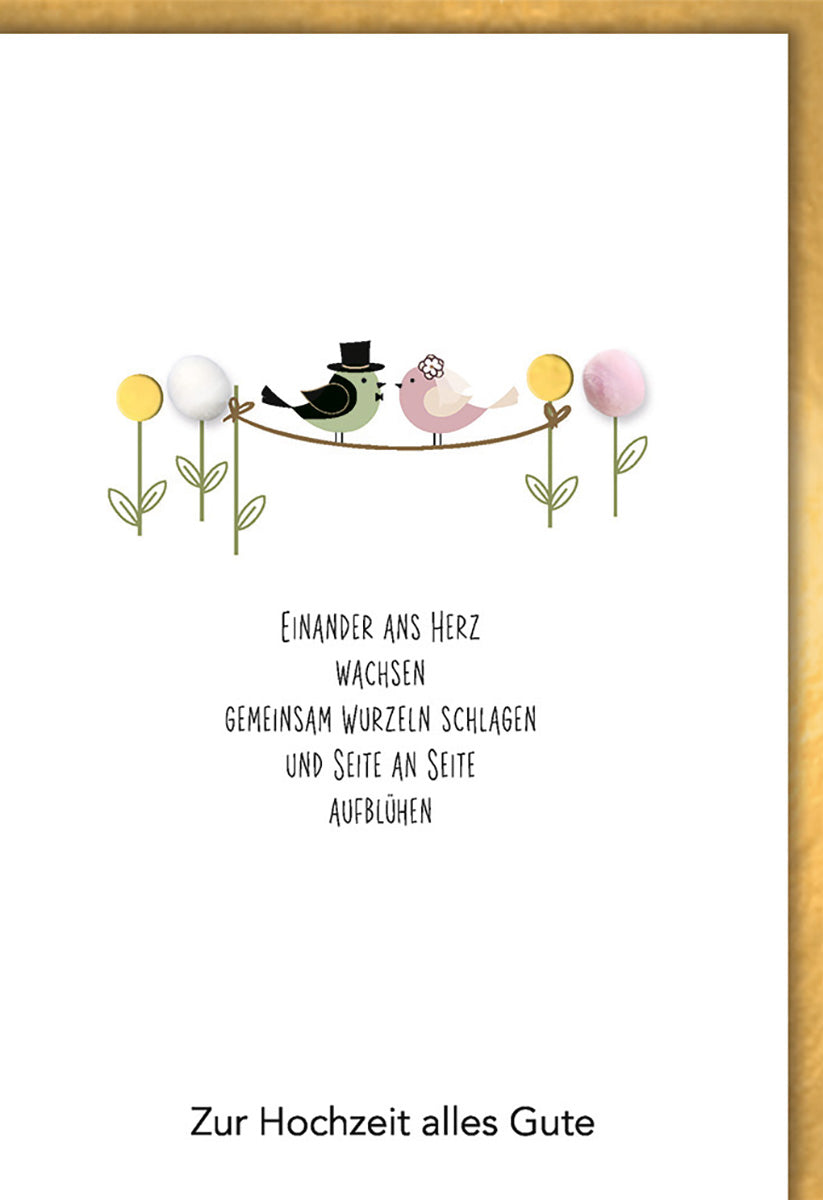 Hochzeitskarte mit Vögel-Paar, pastellfarbenen Blumen und romantischem Spruch – Liebevoll gestaltet