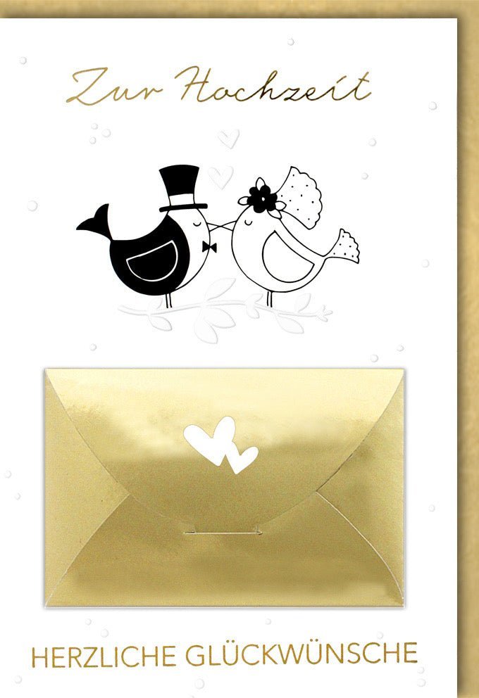 Hochzeitskarte mit Vögeln & Herz – Elegante Glückwünsche zum Bund der Ehe, schlichtes Design, Blindprägung & Geldkuvert