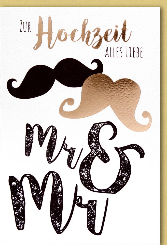 Hochzeitskarte Mr & Mr mit Schnurrbart-Motiv – Elegante Grußkarte für gleichgeschlechtliche Hochzeit, inkl. Folienprägung & Kuvert