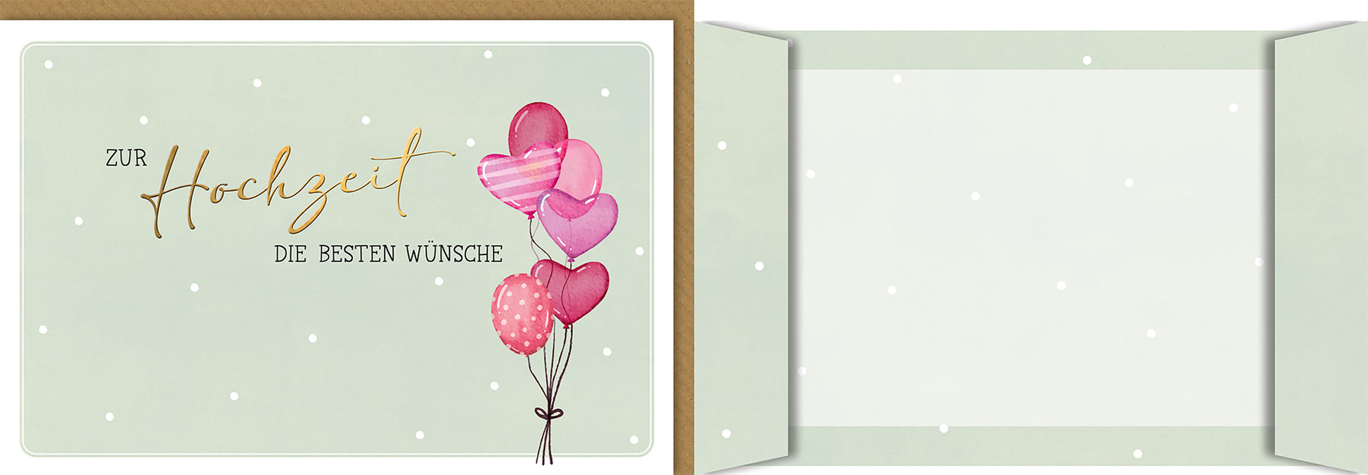 Hochzeitskarte Pastellgrün mit Herzballons – Elegante Glückwünsche zur Hochzeit für Verliebte