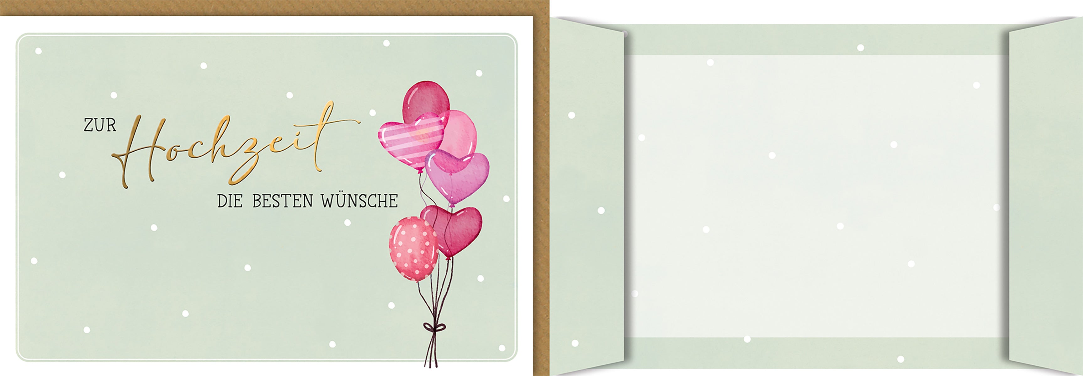 Hochzeitskarte Pastellgrün mit Herzballons – Elegante Glückwünsche zur Hochzeit für Verliebte
