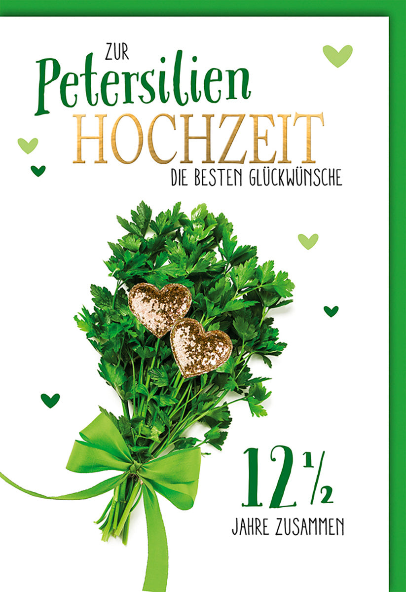 Hochzeitskarte Petersilienhochzeit: Elegantes Design mit grünen Akzenten und goldenen Herz-Details