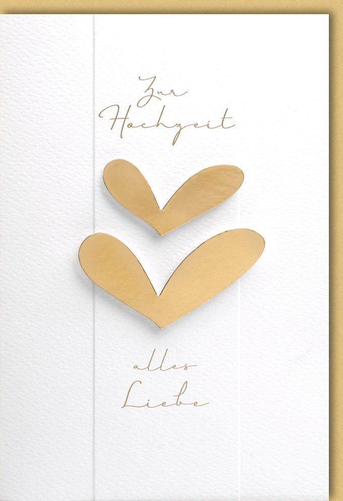 Hochzeitskarte Liebe: Elegantes Design mit goldenen Herzen, Folienprägung & Applikationen – Glückwunschkarte mit Kuvert