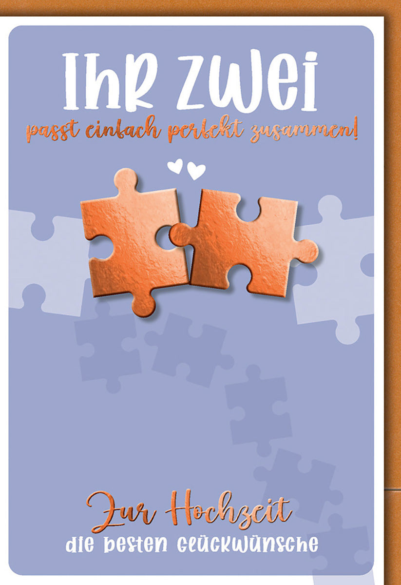 Hochzeitskarte Puzzle-Design: Liebevolles Motiv in Blau und Kupfer für das perfekte Paar