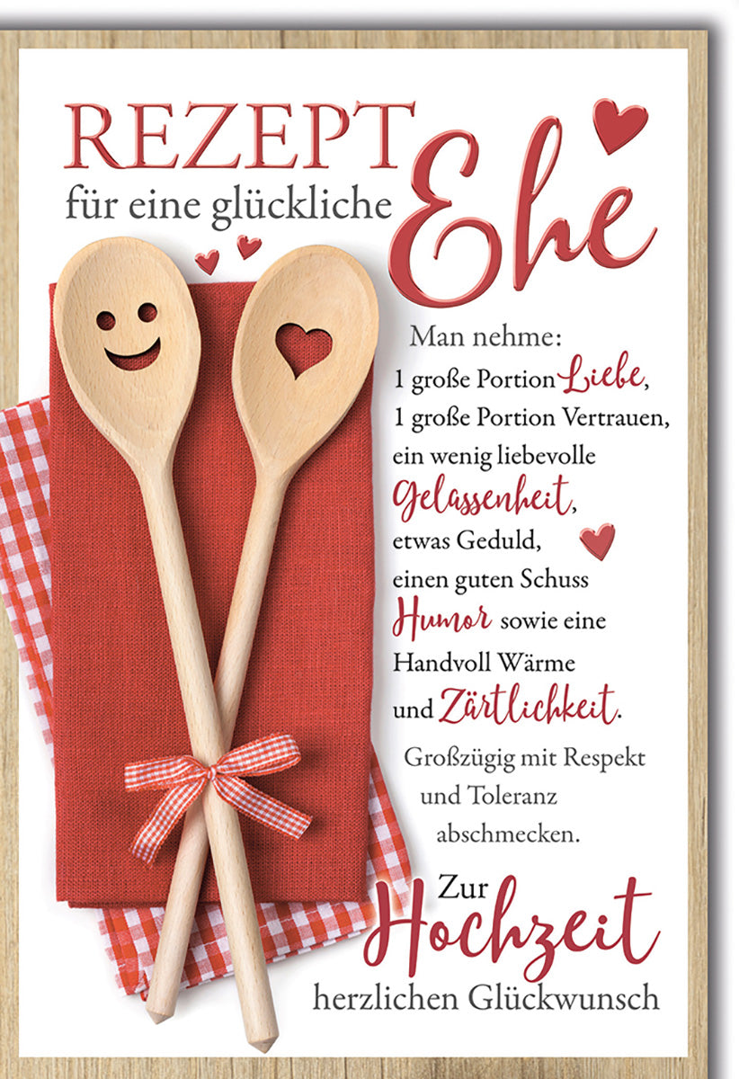 Hochzeitskarte Rezept für Glück: Humorvolle Holzlöffel, Rot-Weiß Design, Perfekt für Brautpaare