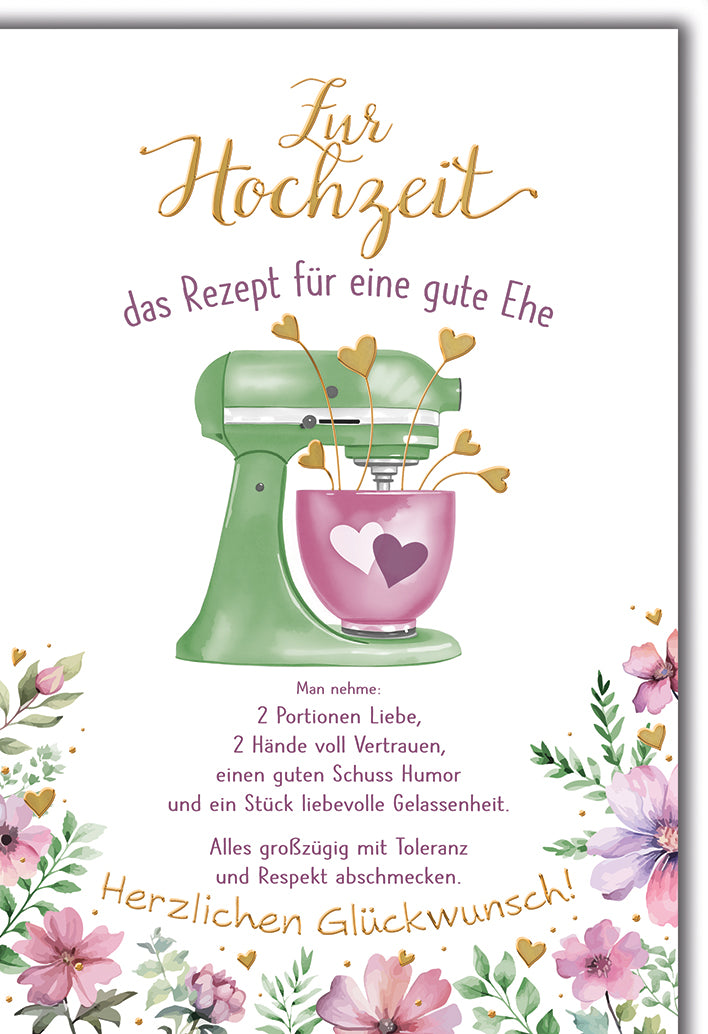 Hochzeitskarte Rezept: Küchenmaschine mit Herzen und Liebe-Spruch, romantisch