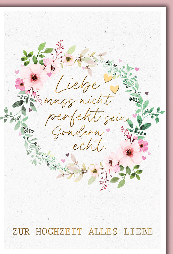 Hochzeitskarte Romantisch: Aquarell-Blütenkranz mit goldenen Herzen und Liebes-Spruch