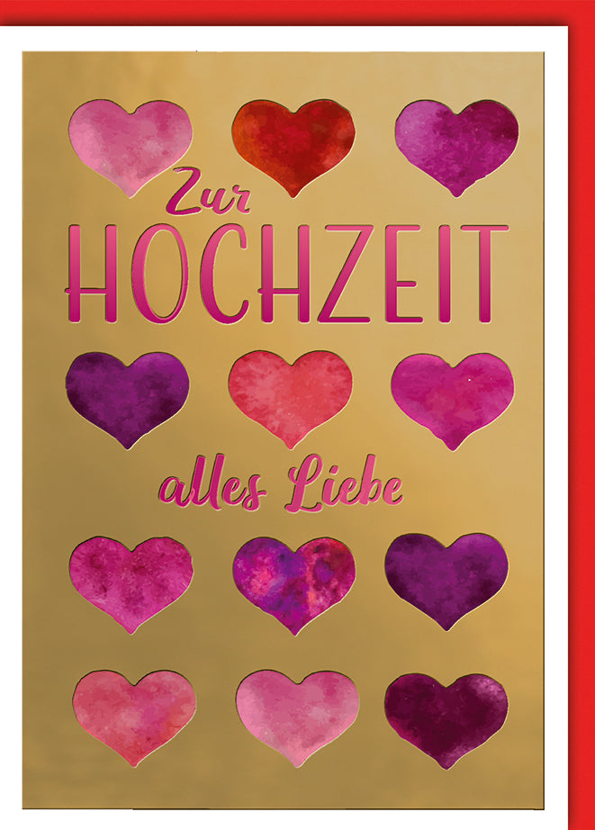 Hochzeitskarte Romantisch: Zwölf Aquarell-Herzen in Rosa-Lila-Tönen auf Gold