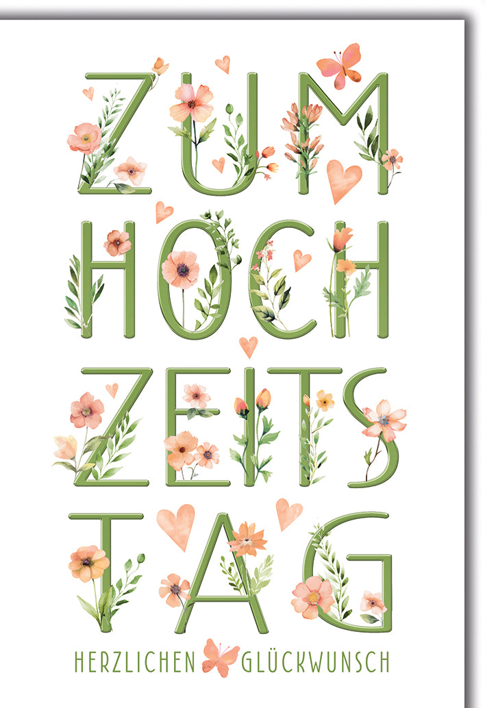 Hochzeitskarte Romantisch: Blumen-Typografie in Grün-Rosa mit Herzen und Schmetterling