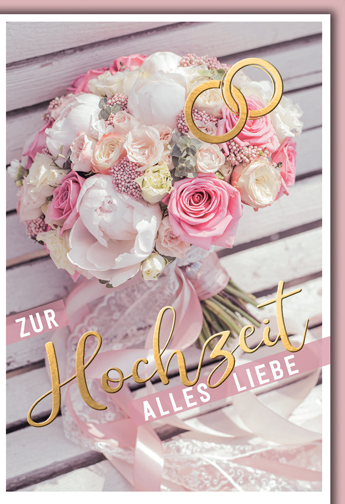 Hochzeitskarte Romantisch: Brautstrauß mit goldenen Eheringen, Rosa-Weiß Töne