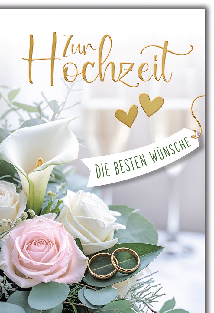Hochzeitskarte Romantisch: Brautstrauß mit Calla und Rosen, goldene Ringe und elegante Typografie