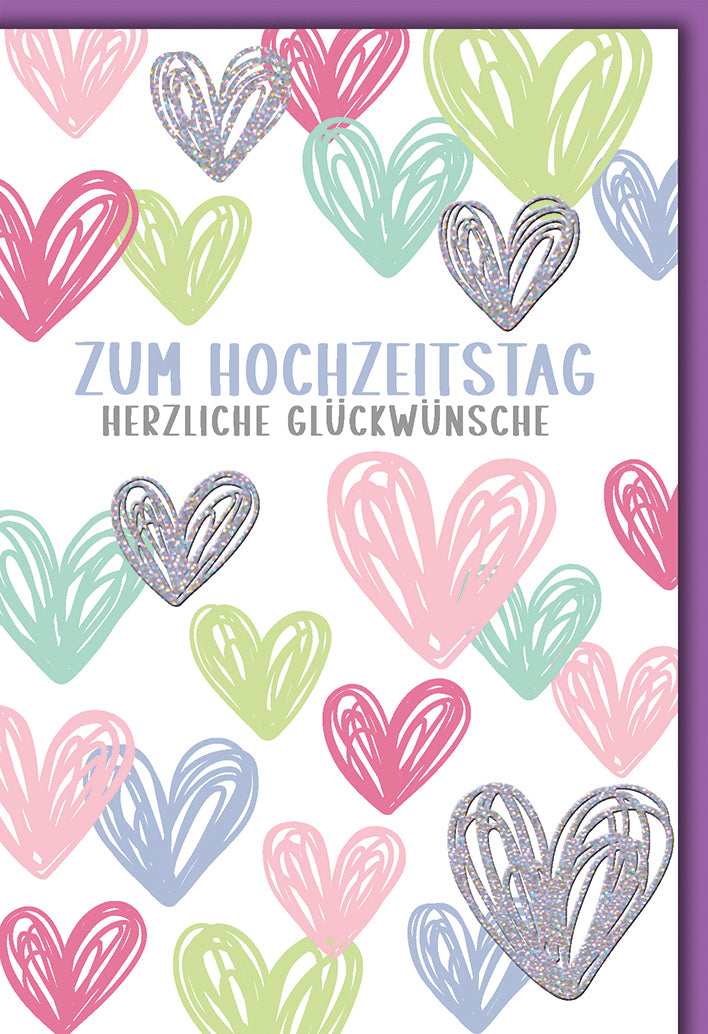 Hochzeitskarte Romantisch: Bunte gekritzelte Herzen in Pastell-Tönen mit Glückwunsch