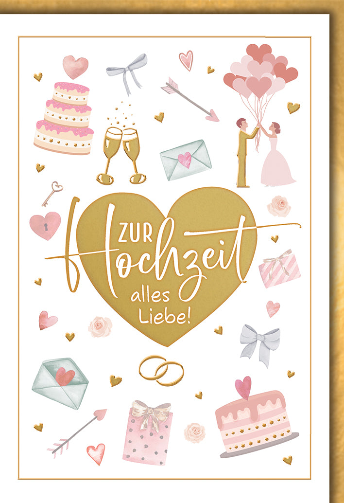 Hochzeitskarte Romantisch: Goldenes Herz mit Hochzeitssymbolen in Rosa-Gold, elegant