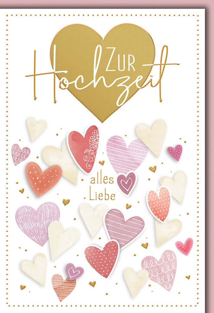 Hochzeitskarte Romantisch: Goldenes Herz mit rosa Herzen-Collage, elegante Typografie