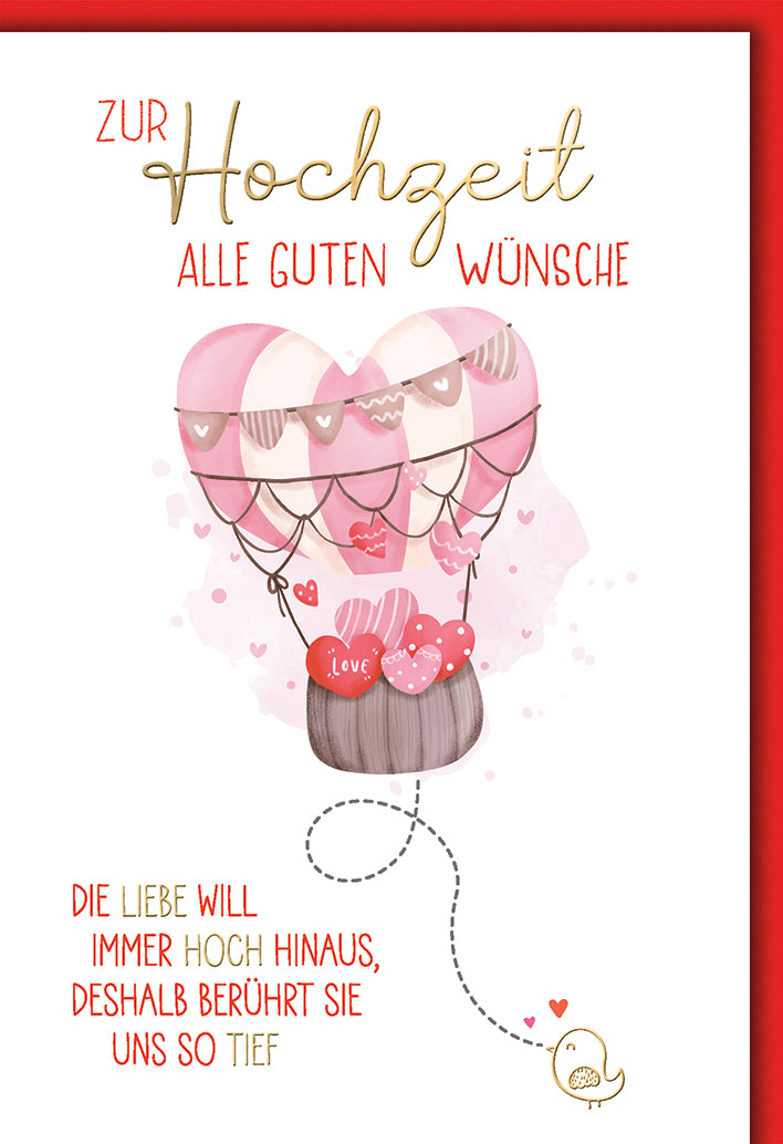 Hochzeitskarte Romantisch: Heißluftballon in Herzform mit Liebesspruch in Rosa-Tönen