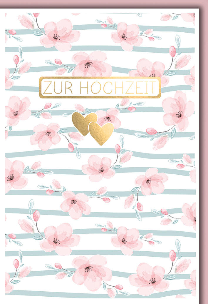 Hochzeitskarte Romantisch: Rosa Aquarell-Blüten auf Streifen mit goldenen Herzen