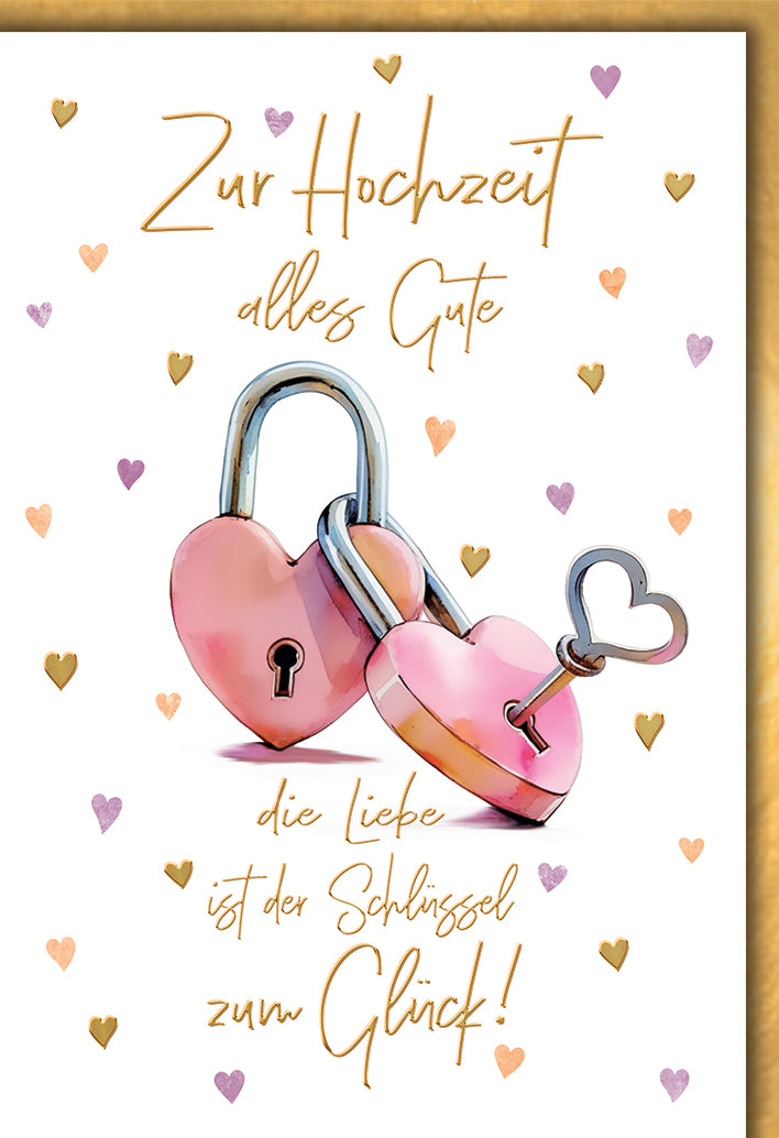 Hochzeitskarte Romantisch: Rosa Herzschlösser mit goldener Schrift und Liebesspruch