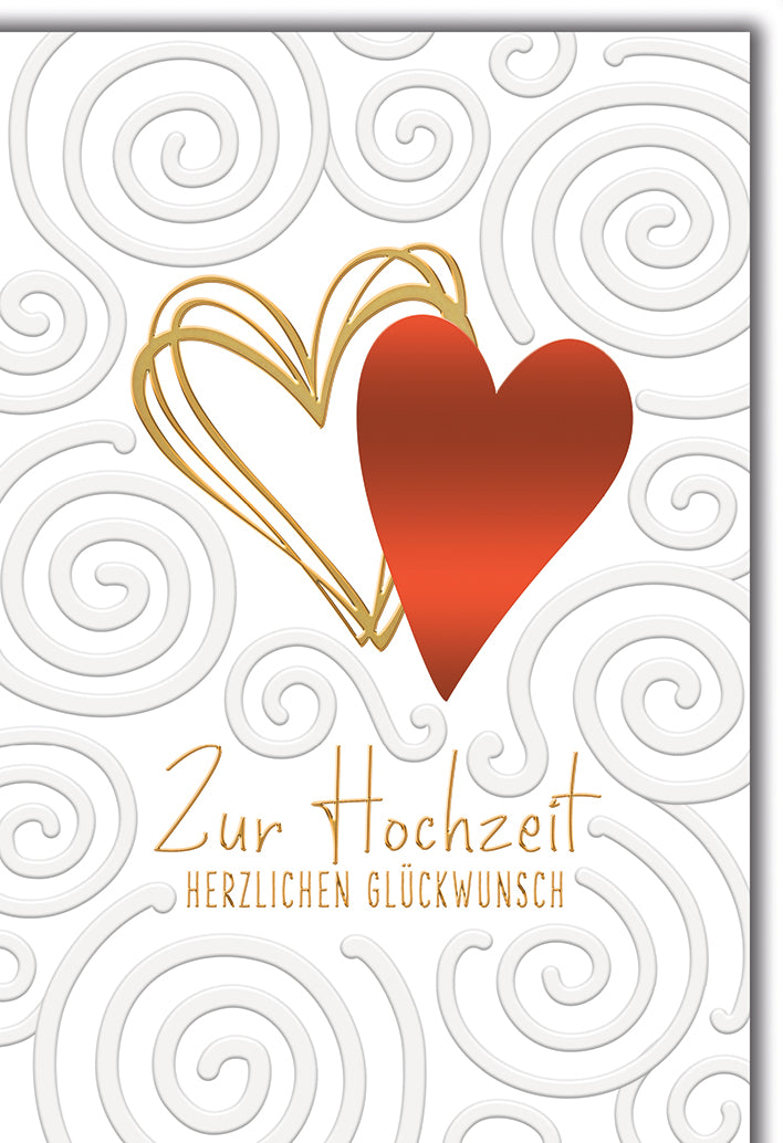 Hochzeitskarte Romantisch: Rotes und goldenes Herz-Duo auf elegantem Spiral-Hintergrund