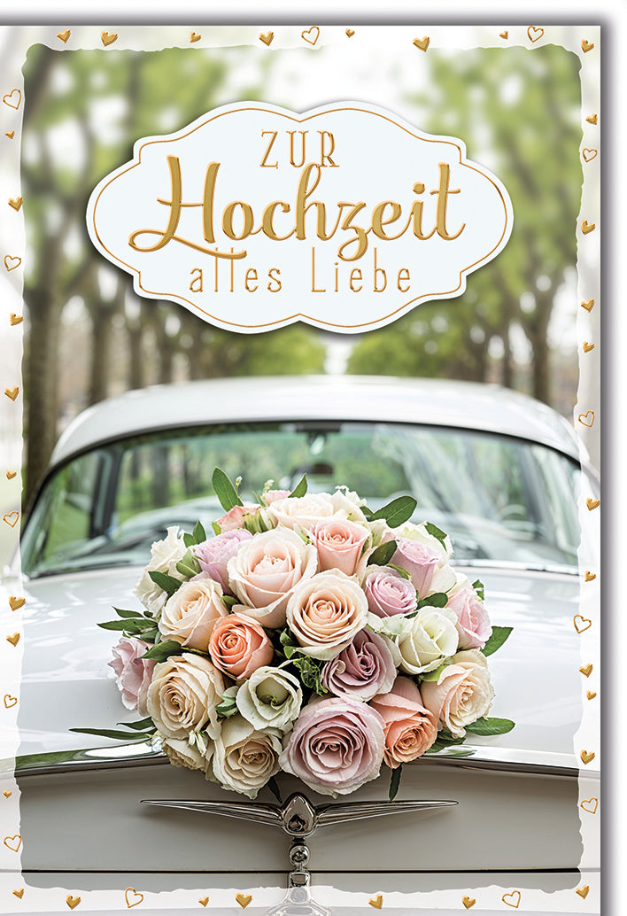 Hochzeitskarte Romantisch: Vintage Oldtimer mit Brautstrauß in Pastelltönen