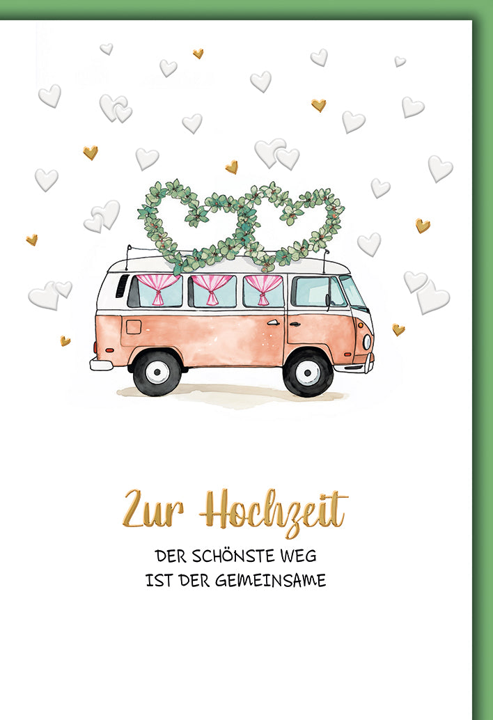 Hochzeitskarte Romantisch: Vintage VW-Bus mit Lorbeerkranz-Herzen und Hochzeitsspruch