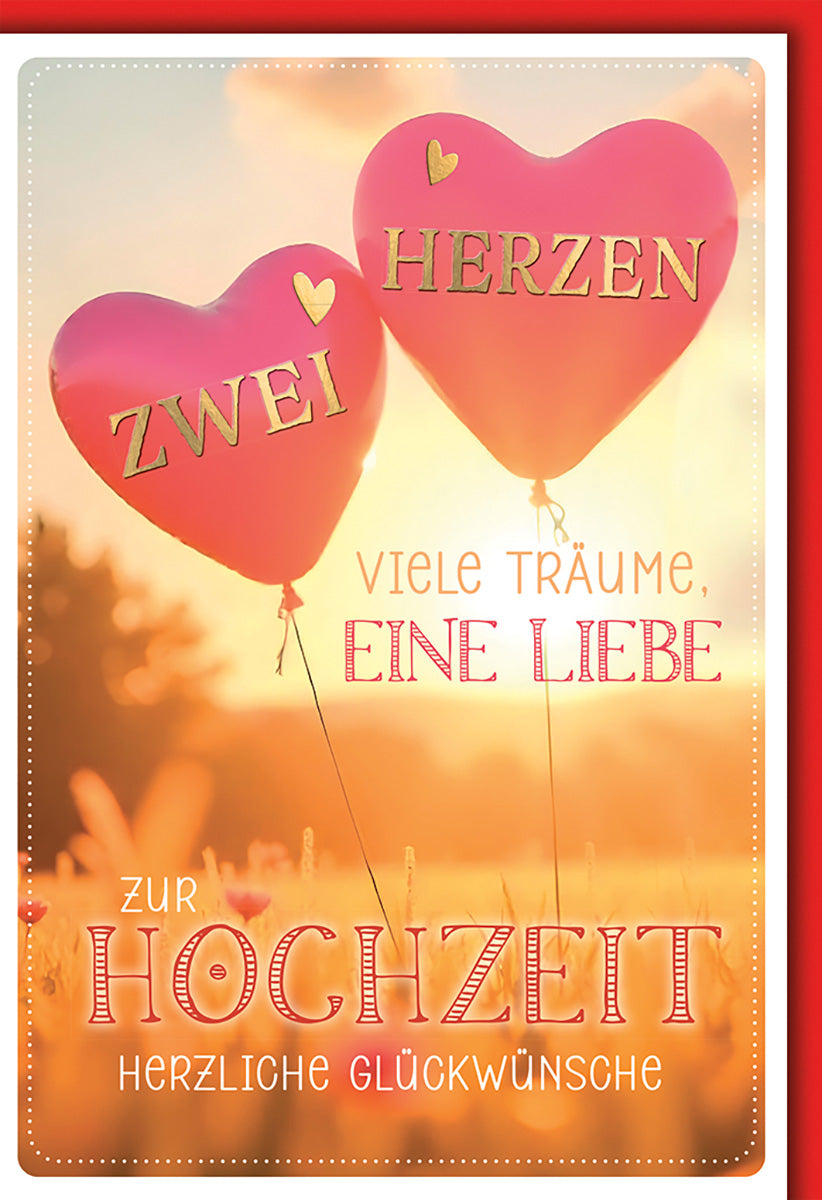 Hochzeitskarte: Romantische Ballon-Herzen im Sonnenuntergang – Liebevolle Glückwünsche zur Trauung