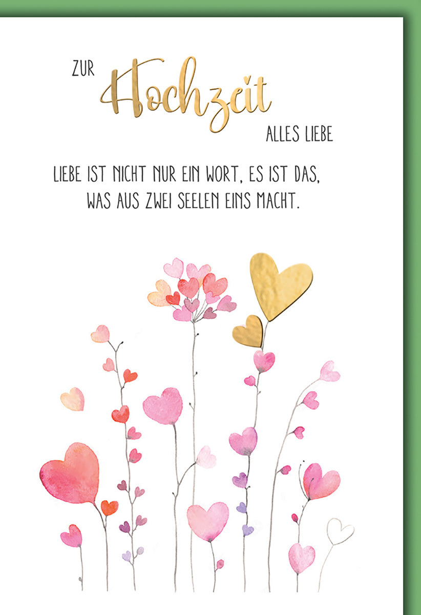 Hochzeitskarte: Romantische Herzblüten in Aquarell mit Goldakzenten – Liebevolle Botschaft für Paare