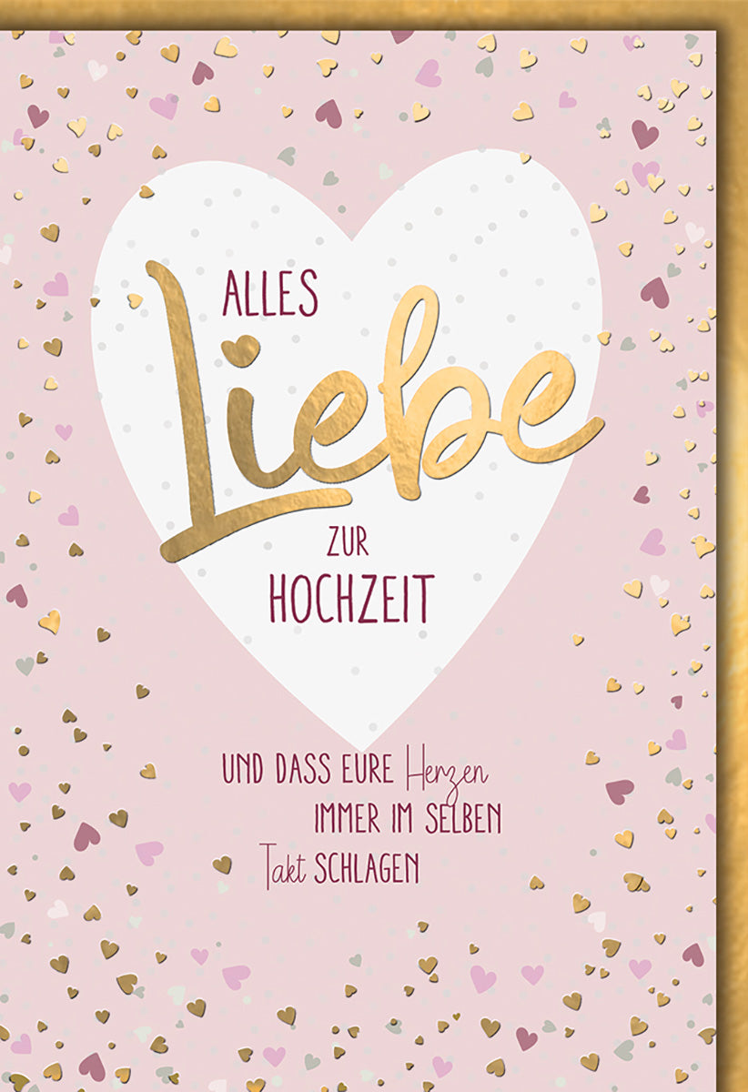Hochzeitskarte: Romantisches Herzdesign in Rosa mit Goldakzenten für verliebte Paare