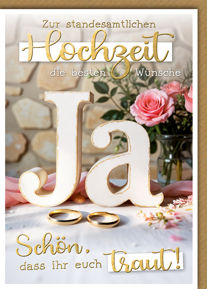 Hochzeitskarte Standesamt: Weißes Holz-"Ja" mit Rosen und Eheringen, romantisch-elegant