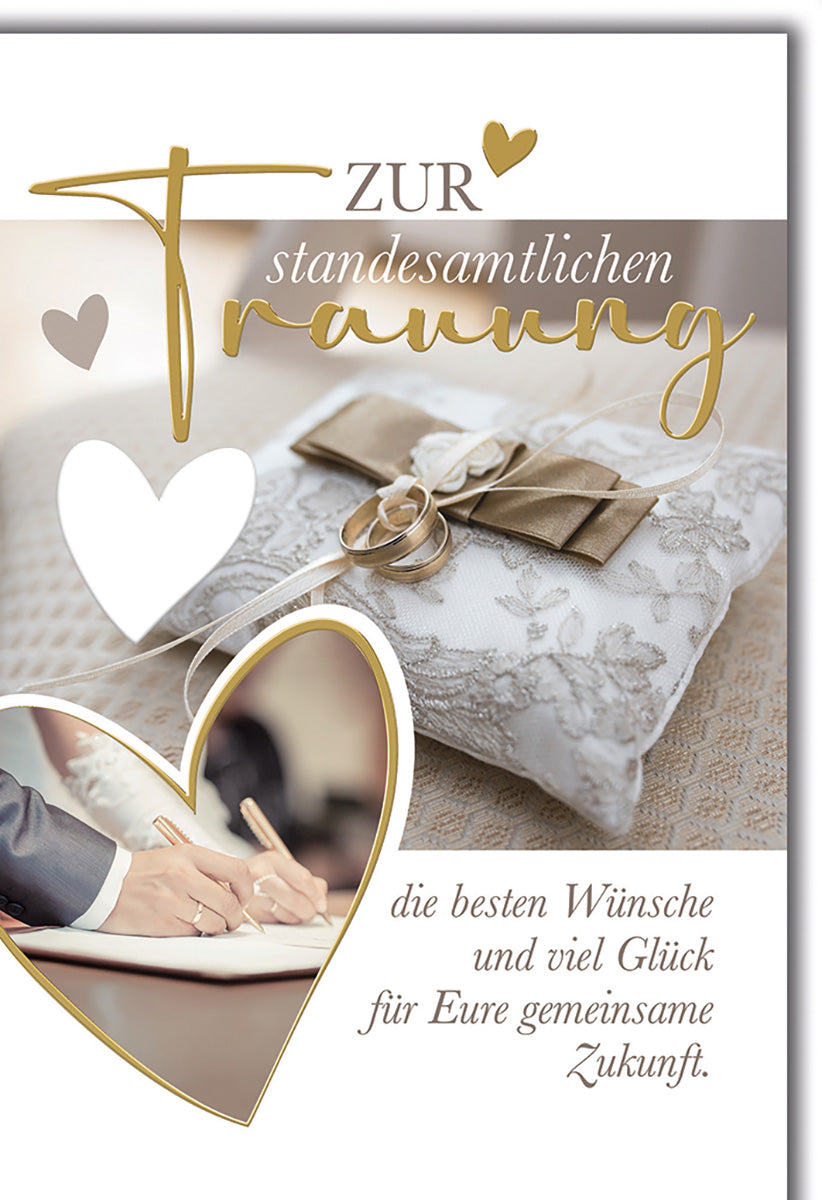 Hochzeitskarte Standesamtlich: Elegantes Design mit Goldschrift und Herzmotiven für den besonderen Tag