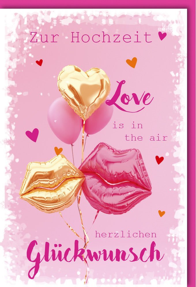 Hochzeitskarte – Romantische Herz- & Ballon-Glückwünsche in Gold & Pink, emotionale Botschaft für das Brautpaar mit Kuvert