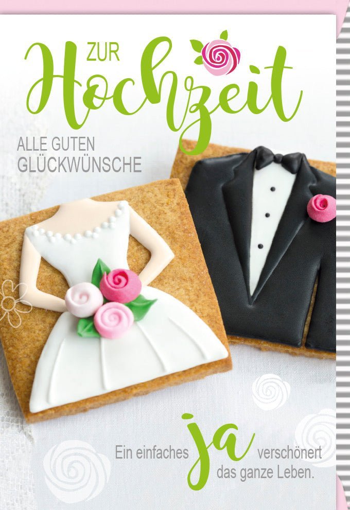 Hochzeitskarte mit Folienprägung & Kuvert – Stilvolles Design: Brautpaar, Kekse, Anzug-Motiv für den schönsten Tag im Leben