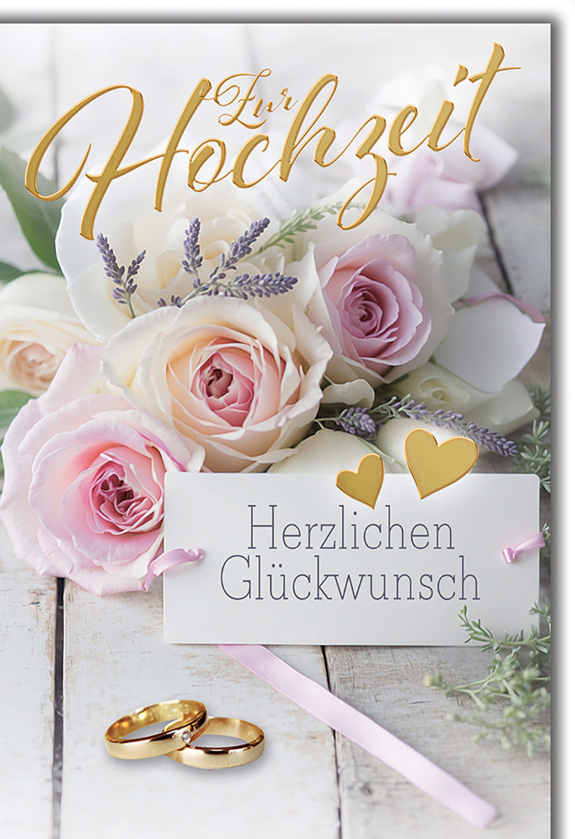 Hochzeitskarte Vintage-Romantik: Pastellrosen & Lavendel, Goldakzente für stilvolle Gratulation