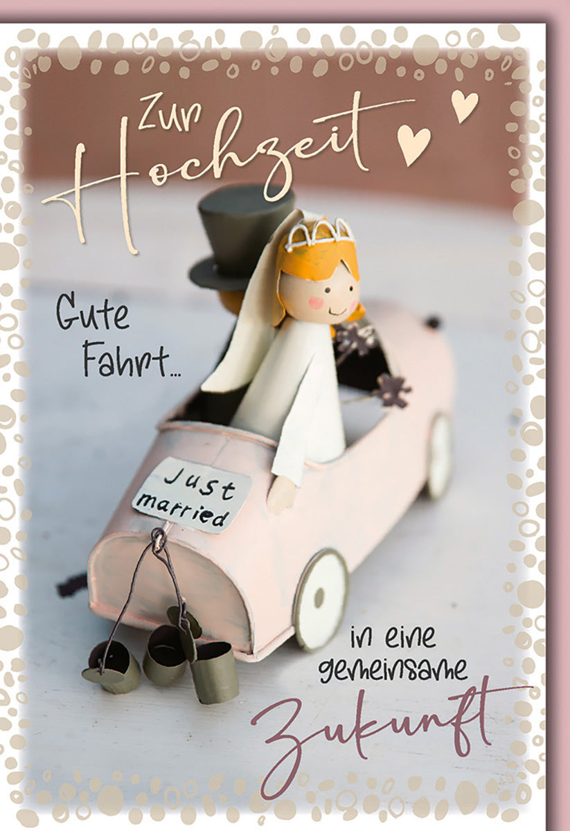Hochzeitskarte Vintage-Stil: Brautpaar im Auto, Pastellfarben, Humorvoller Text für Frischvermählte