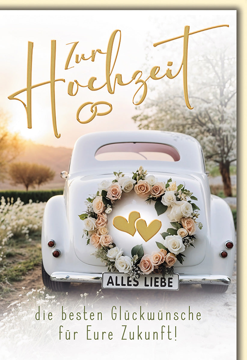 Hochzeitskarte Vintage-Stil mit Blumenkranz und Auto-Motiv – Romantische Glückwünsche zur Hochzeit