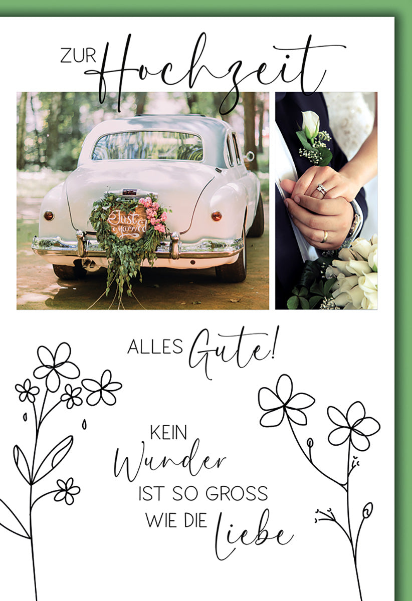 Hochzeitskarte Vintage-Stil mit Blumenmotiv und Auto, romantische Glückwünsche zur Trauung