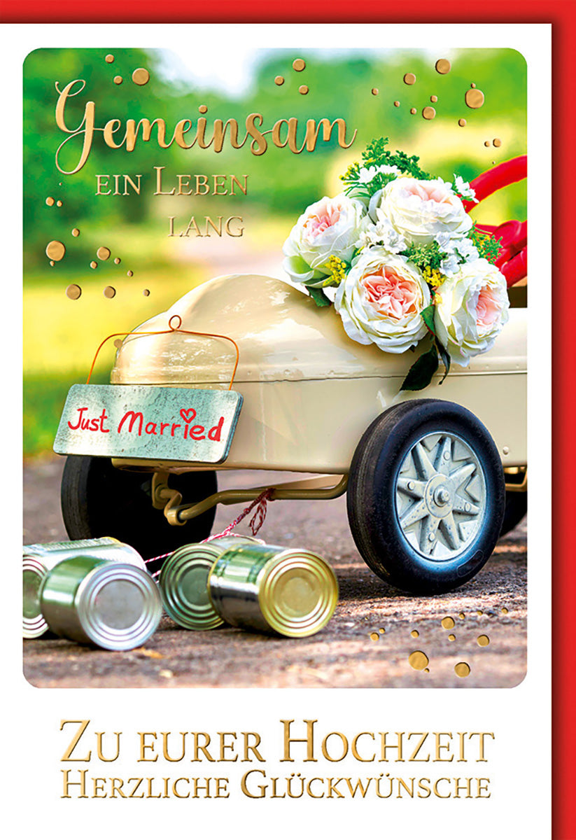 Hochzeitskarte Vintage-Stil mit Blumenmotiv und "Just Married"-Auto für romantische Glückwünsche