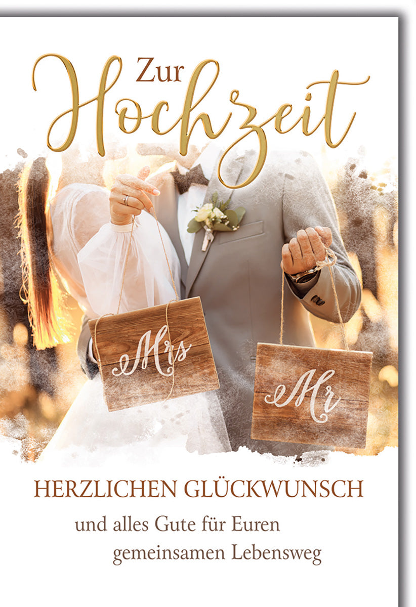 Hochzeitskarte Vintage-Stil mit Brautpaar-Motiv und Holzschildern, ideal für romantische Glückwünsche