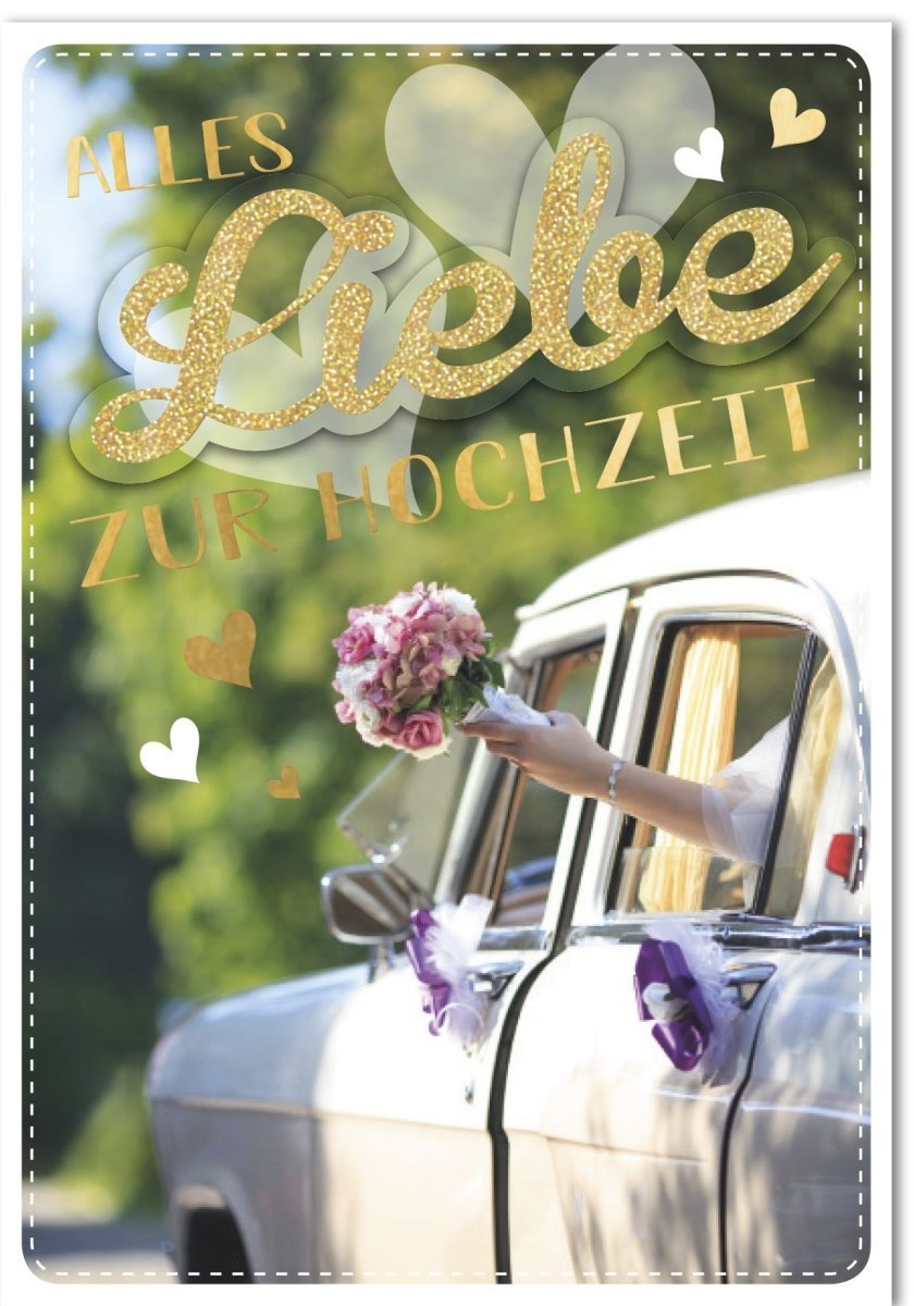 Hochzeitskarte XXL A4 Brautstrauß & Hochzeitsauto – Romantische Vintage Glückwünsche für Verlobung & Jahrestag mit Kuvert
