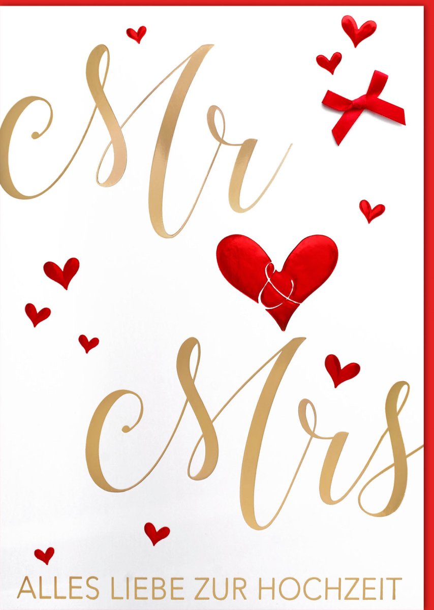 Hochzeitskarte XXL A4 – Mr & Mrs Herzmotiv Elegant | Glückwunschkarte in Rot & Gold zur Heirat, Verlobung & Jubiläum, mit Kuvert