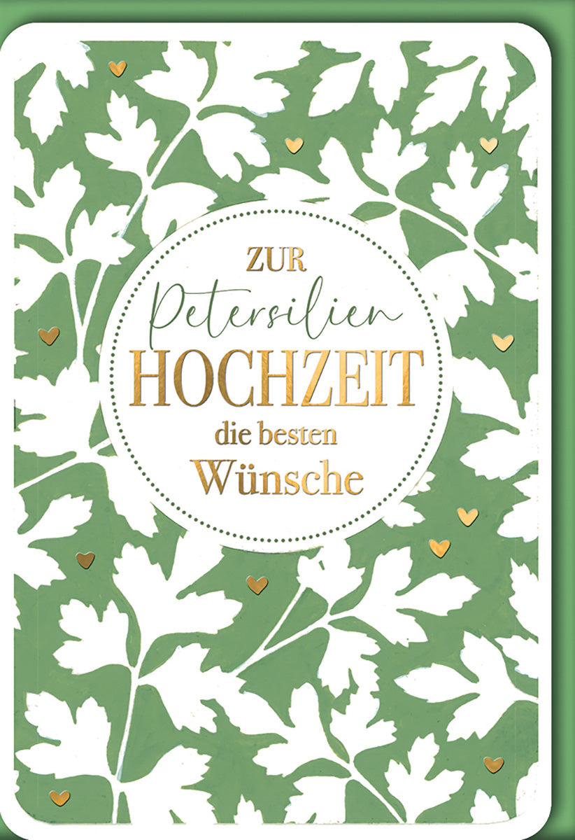 Hochzeitskarte zur Petersilienhochzeit – Elegantes Blattmotiv in Grün und Gold für besondere Wünsche