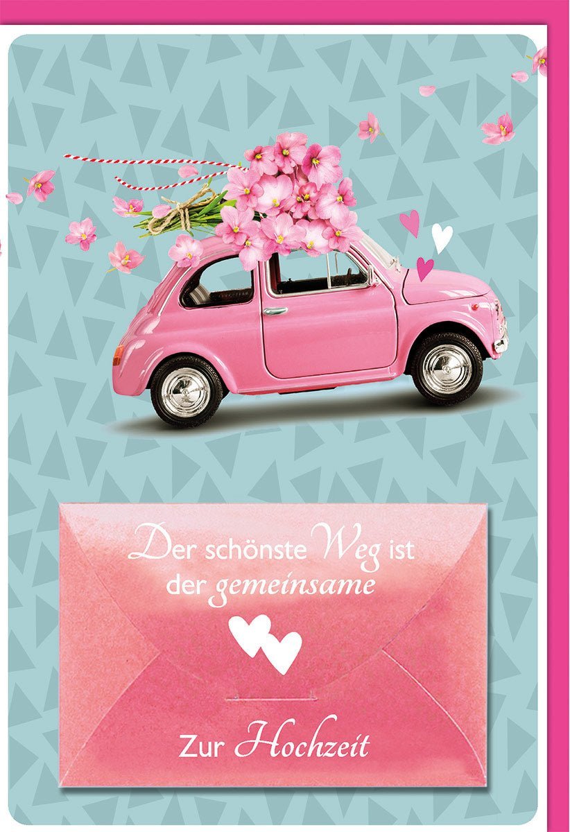 Hochzeitskarte: Romantisches Auto, Blumen & Herzen Design in Rosa/Türkis – Mit Geldkuvert für stilvolle Glückwünsche zur Trauung