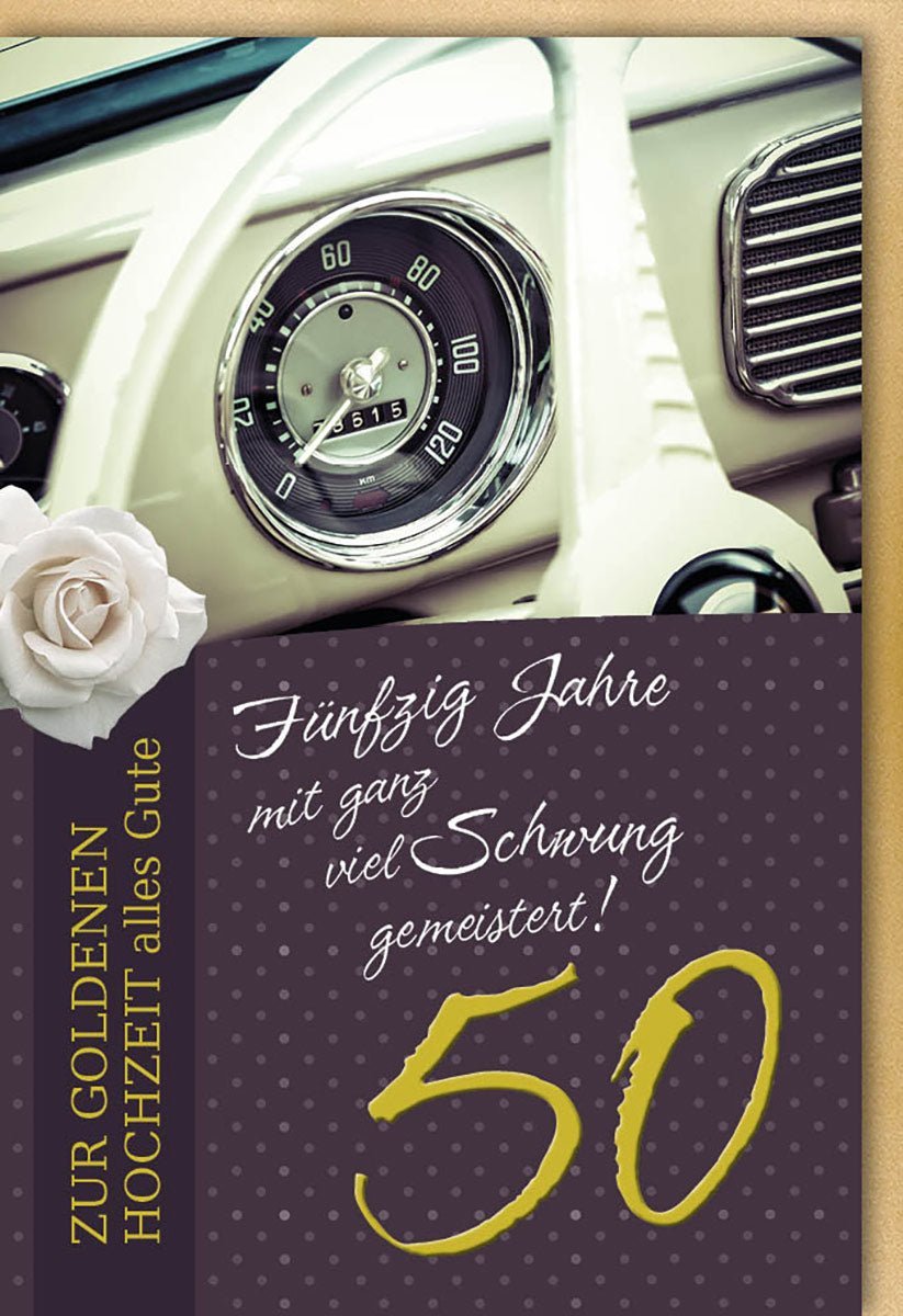Jubiläumskarte Goldene Hochzeit: 50 Jahre Liebe, Vintage Auto & Tachometer Design – Zeitloses Andenken mit farblich passendem Kuvert