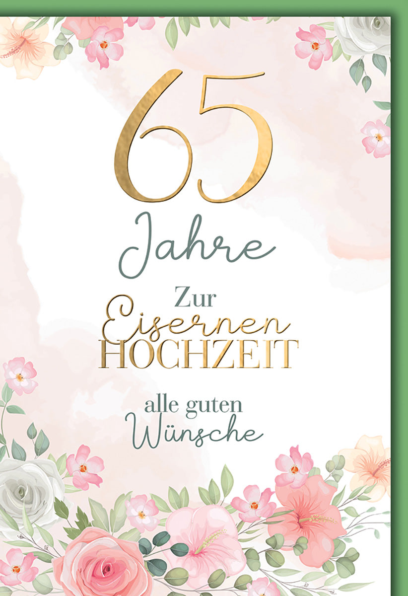 Karte zur Eisernen Hochzeit – Elegantes Blumenmotiv mit Goldakzenten für 65 Jahre Liebe und Glück