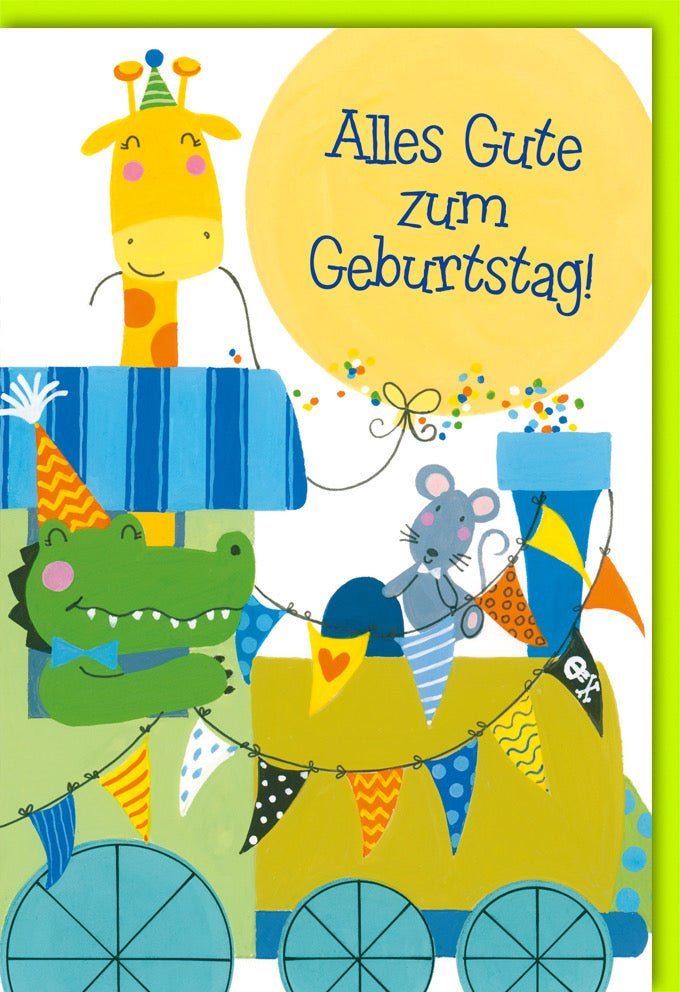 Geburtstagskarte Kinder – Fröhliche Tierwelt mit Giraffe, Krokodil & Maus Design. Inkl. Kuvert, ohne Kollektion