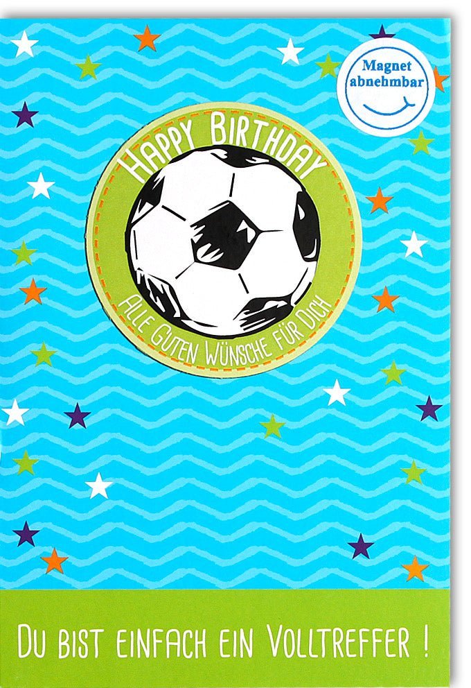Geburtstagskarte Fußball: Blau-Grün Sport-Design für Kinder | Happy Birthday Volltreffer mit Magnet & Kuvert