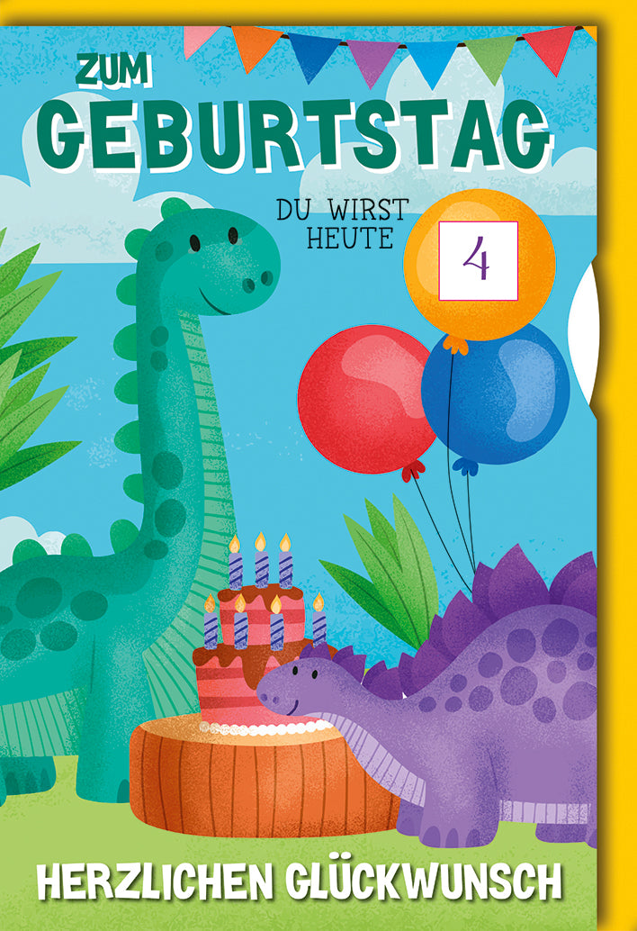 Kindergeburtstagskarte Zahlengeburtstag Drehrad: Bunte Dino-Party, Comic-Stil in leuchtenden Farben