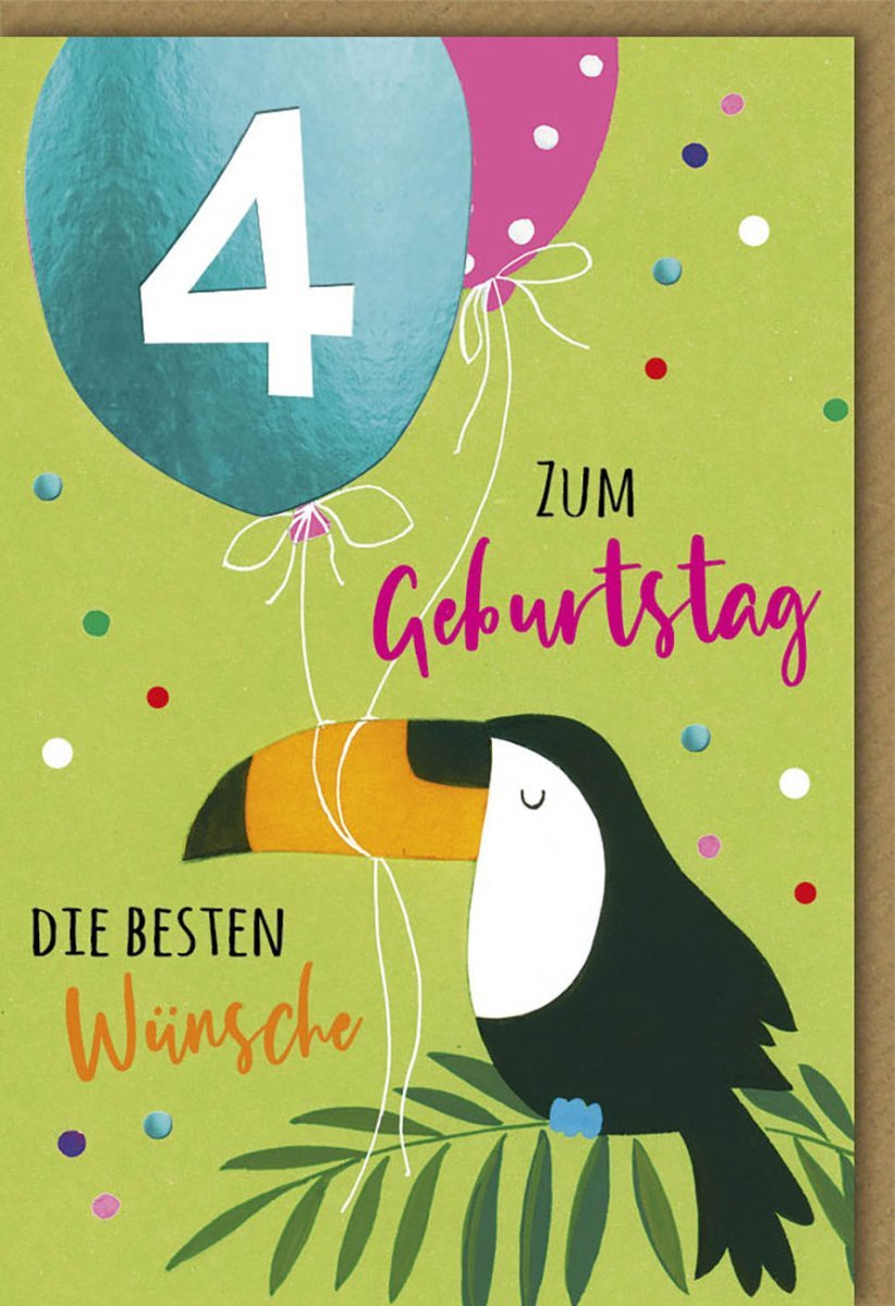 Geburtstagskarte 4. Geburtstag: Bunter Papagei & Luftballons Design mit Folienprägung – Liebevolle Glückwünsche mit Kuvert